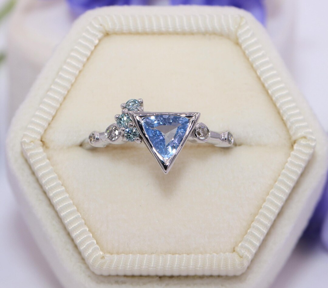 Triangular Blue Diamonds Cluster Triangle Teal Blue Natural Sapphire and Diamonds Engagement ...