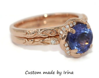 Rustic Vine Leaf Tanzanite Engagement Rings Set with Braided Twist Diamond Halo