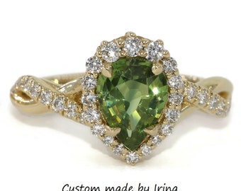 1.5 carat Green Pear Natural Sapphire Ring with Edwardian Style Inspired Scroll Vine Filigree Pattern