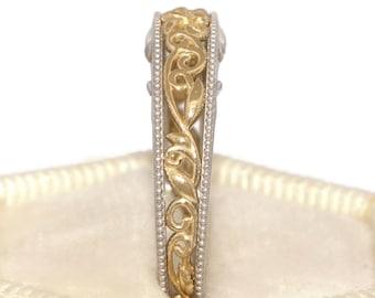 Bi-color Mixed Gold Leaf Vine Scroll Pattern Filigree Wedding Ring 14k Solid Gold