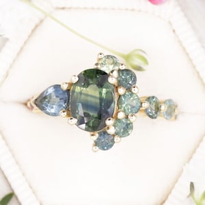 Moon Crescent Ring, Blue Green Sapphire Engagement Ring, Oval Peacock Parti Sapphire Ring, One Of A Kind Cluster Ring, Teal Sapphire Ring