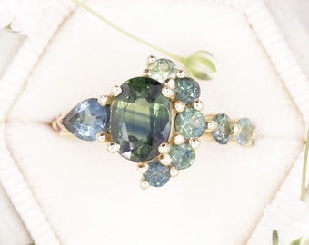 One Of A Kind Cluster Blue Green Oval Sapphire Engagement Ring with Pear Indicolite Tourmaline