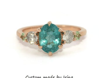 1.5 carat Teal Blue Green Oval Natural Tourmaline Custom Made 5 Stone Ring