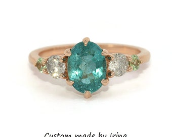 Teal Blue Green Oval Custom Made 5 Stone Ring