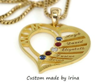 Mother's Day Personalized Heart Pendant Necklace With Kids Names and Birthstones 14k Solid Gold