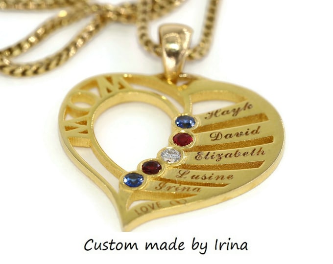 Featured listing image: Mother's Day Personalized Heart Pendant Necklace With Kids Names and Birthstones 14k Solid Gold