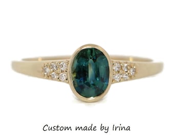 1 ct Oval Bezel Blue Green Natural Sapphire Engagement Ring 14k Solid Gold