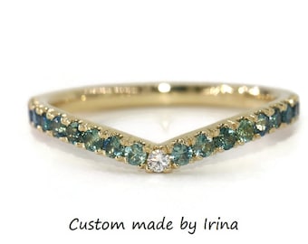 Chevron Ombre Blue Green Sapphires and Diamonds Wedding Band Custom Made