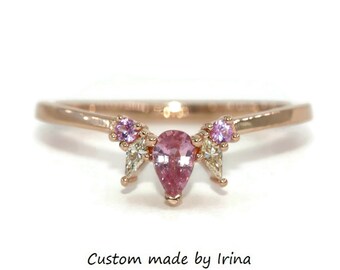 Pear Pink Sapphire + Kite Diamond Sunburst Custom Ring