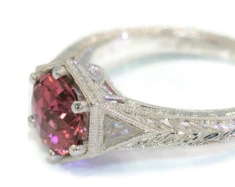 Hand Engraved 1.5 carat Pink Natural Tourmaline Vintage Inspired Engagement Ring