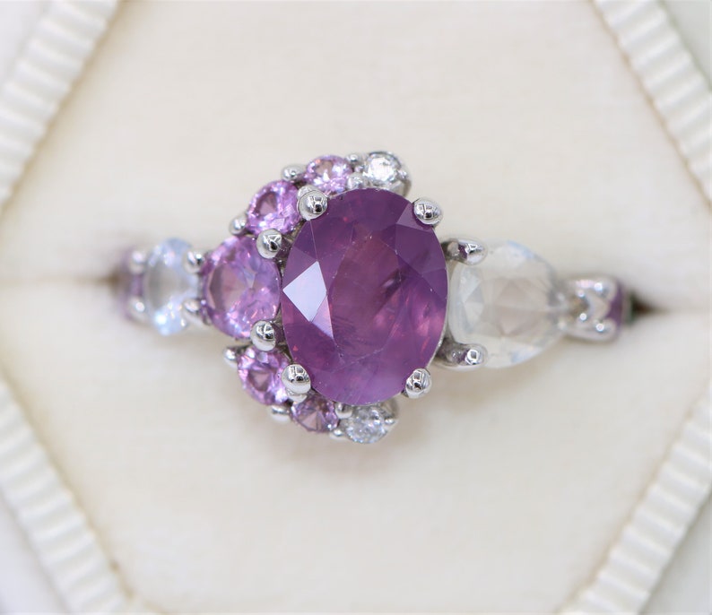 2 carat Purple Pink Sapphire Half Moon Celestial Sapphire Ring by Irina, Oval Sapphire Crescent Ring