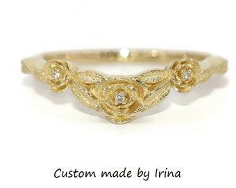 Rustic Nature Inspired Flowers and Leaves Wedding Ring 14k Solid Gold