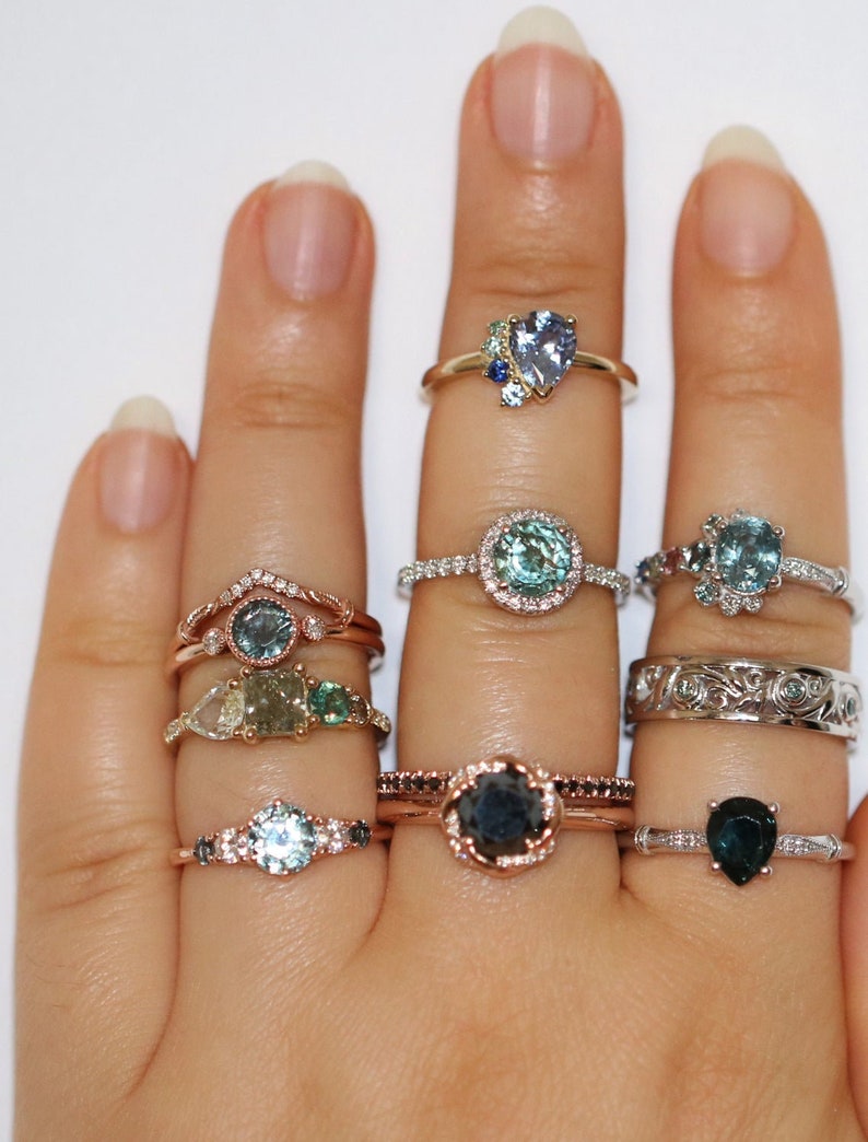 1 Carat Teal Blue Green Natural Sapphire Three Stone Engagement Ring Etsy