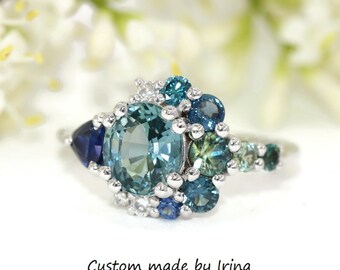 Carat GIA Certified Ombré Teal Blue Green Cluster Montana