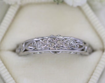 Lacework Nature Inspired Rustic Vine Leaf Filigree Diamond Wedding Ring