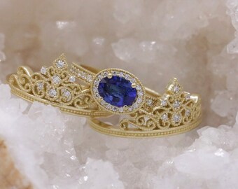 Princess Diadem Natural Sapphire Engagement Ring and 2 Wedding Bands Set 14k Solid Gold