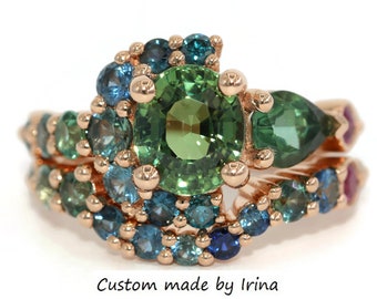 2.5 carat Oval Green Natural Sapphire Cluster Ombre Custom-made Rings Set