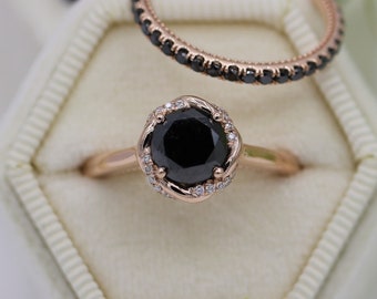 2 carat Black Natural Diamond Rope Diamond Halo Engagement Ring + Ring Guard