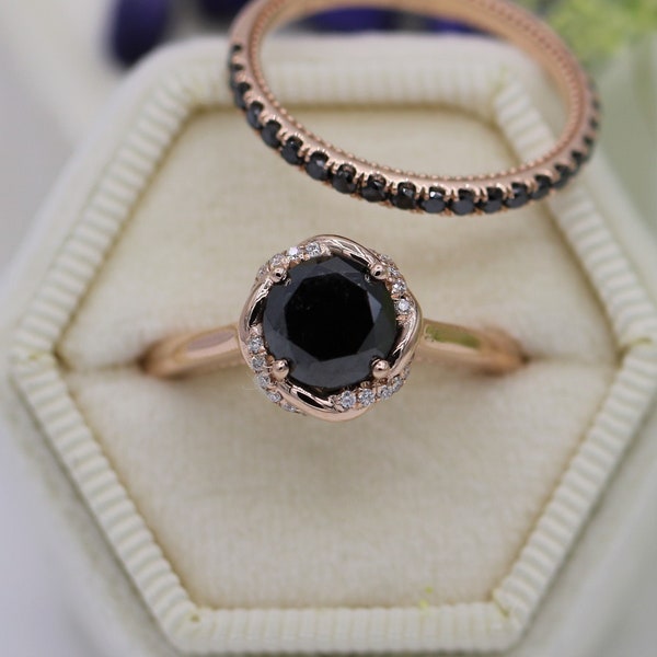 2 ct Black Diamond Rope Halo Engagement Ring 14k Solid Gold