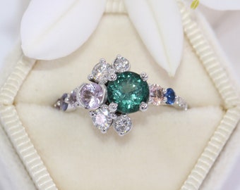 Blue Green Tourmaline Sun and Moon Cluster Custom Ring