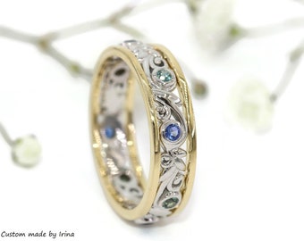 14k Bi-color Mixed Gold Rustic Vine Leaf Wedding Eternity Ring with Natural Sapphires