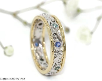 Rustic Leaf Wedding Eternity Ring, White and Yellow gold Sapphires wedding band, 2 tone One of a kind organic Bi-Color scroll filigree Ring