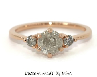 1 carat Salt and Pepper Gray Natural Diamond Three Stone Ring 14k Rose Gold Ready to Ship