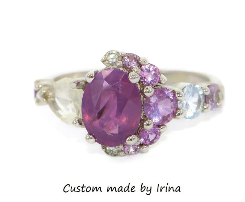 Ombré 2 carat Purple Pink Sapphire Half Moon Celestial Crescent Sapphire Ring by Irina, Oval Sapphire  Ring