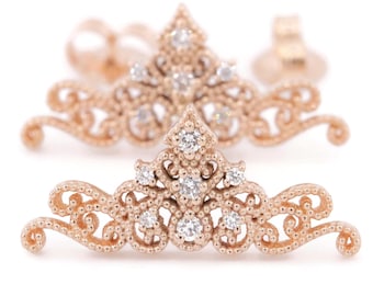 Princess Crown Tiara Natural Diamond Stud Earrings