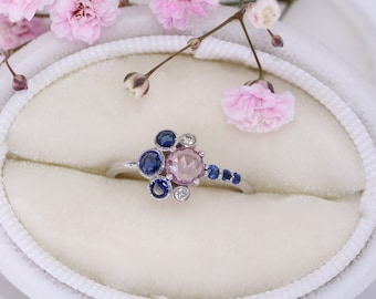 Crescent Half Halo Cluster Ombre Pink and Blue Sapphire Ring Custom Made