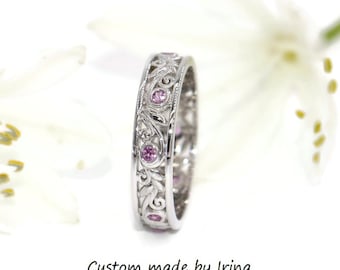 Foliage Pink Sapphires 14k White Gold Vine Leaf Eternity Ring Ready to Ship