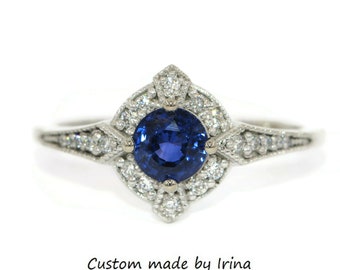Royal Blue Natural Sapphire Engagement Ring, Vintage Style Sapphire Diamond Ring, Edwardian Style Engagement Ring