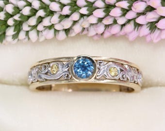 Leaf Vine Scrolls Pattern 14k Mixed Gold Bicolor Natural Sapphire Ring
