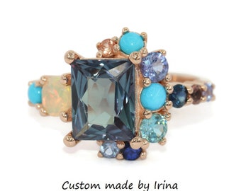 Custom Made Multi Gemstones Colorful Cluster Ring 14k Solid Gold