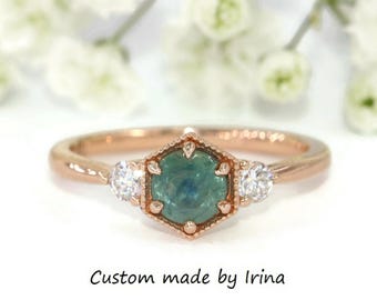 3 Stone Unheated Teal Pastel Montana Sapphire Hexagon Beaded Frame Engagement Ring