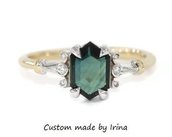 Mixed 14k Gold Vintage Inspired Hexagon Parti Blue Green Natural Sapphire Ring Custom Made
