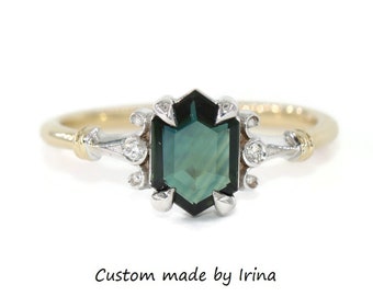 Vintage Inspired 1 carat Hexagon Parti Blue Green Natural Sapphire Ring Custom Made Mixed 14k Gold