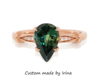 Custom-made 2 carat Pear Blue Green Natural Sapphire Vintage Style Pattern Ring