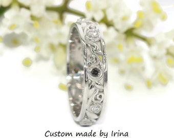 Leaf Filigree Scrolls Alternating Black and White Diamonds Eternity Band