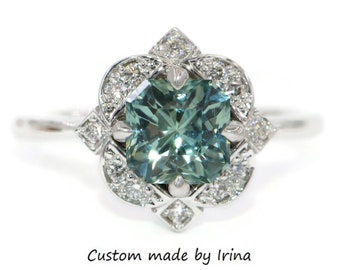 2 carat GIA Certified Blue Green Sapphire Ring with Vintage Inspired Diamond Halo