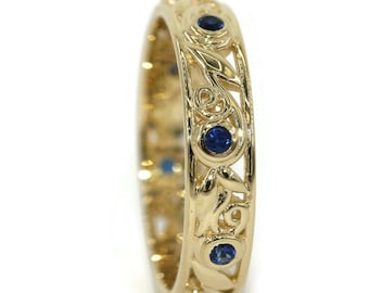 Lace Scroll Filigree Leaves Vines Natural Sapphires Whimsical Eternity Wedding Ring