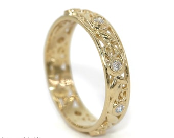 Natural Diamonds Rustic Leaf Vine Scroll Filigree Eternity Wedding Ring