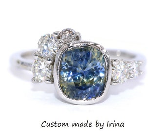 Custom Made GIA Certified 3 carat Cluster Sapphire Engagement Ring