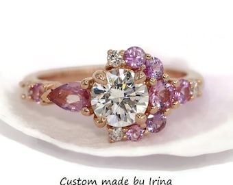 1 carat Lab Diamond Engagement Ring with Ombre Cluster Crescent Halo