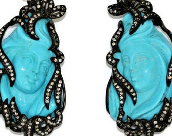 Appraised Certified Carved Cameo Natural Turquoise Earrings Hand Carved