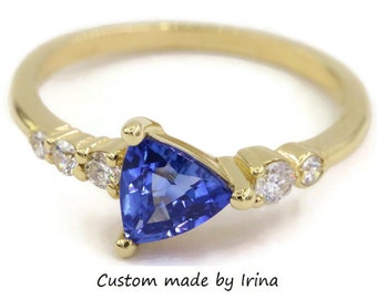 Triangle Royal Blue Sapphire + Diamonds Cluster Ring, Trillion Sapphire Engagement Ring, 14k Yellow Gold Asymmetric Unique Proposal Ring