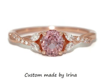 Custom Made Oval 1 carat Pink Natural Sapphire & Leaf Diamonds Engagement Ring