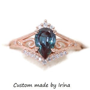 1.5 Color Change Pear Lab Alexandrite Split Shank Mill Grain Filigree Scroll Ring