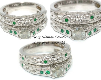 Lacework Filigree Scroll Vine Leaf Diamond and Emerald Ring