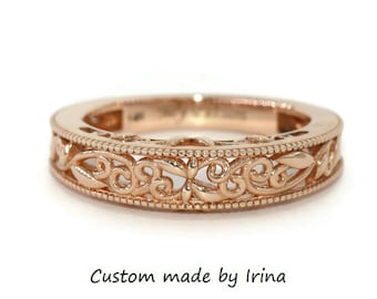 Foliage Scroll Pattern Filigree Milgrain Vine Leaf Rustic Wedding Ring